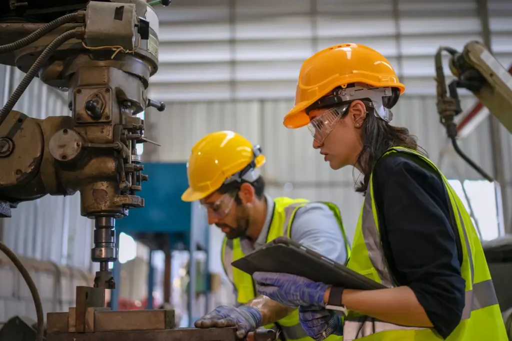 Les ouvriers travaillent dans un atelier mécanique avec une machine à tour CNC.
